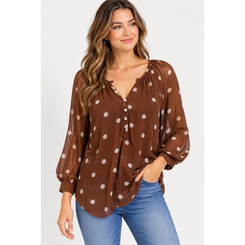 LC Lauren Conrad Polka Dot Blouse Womens XS Boho Chic Brown Chiffon Sheer Top